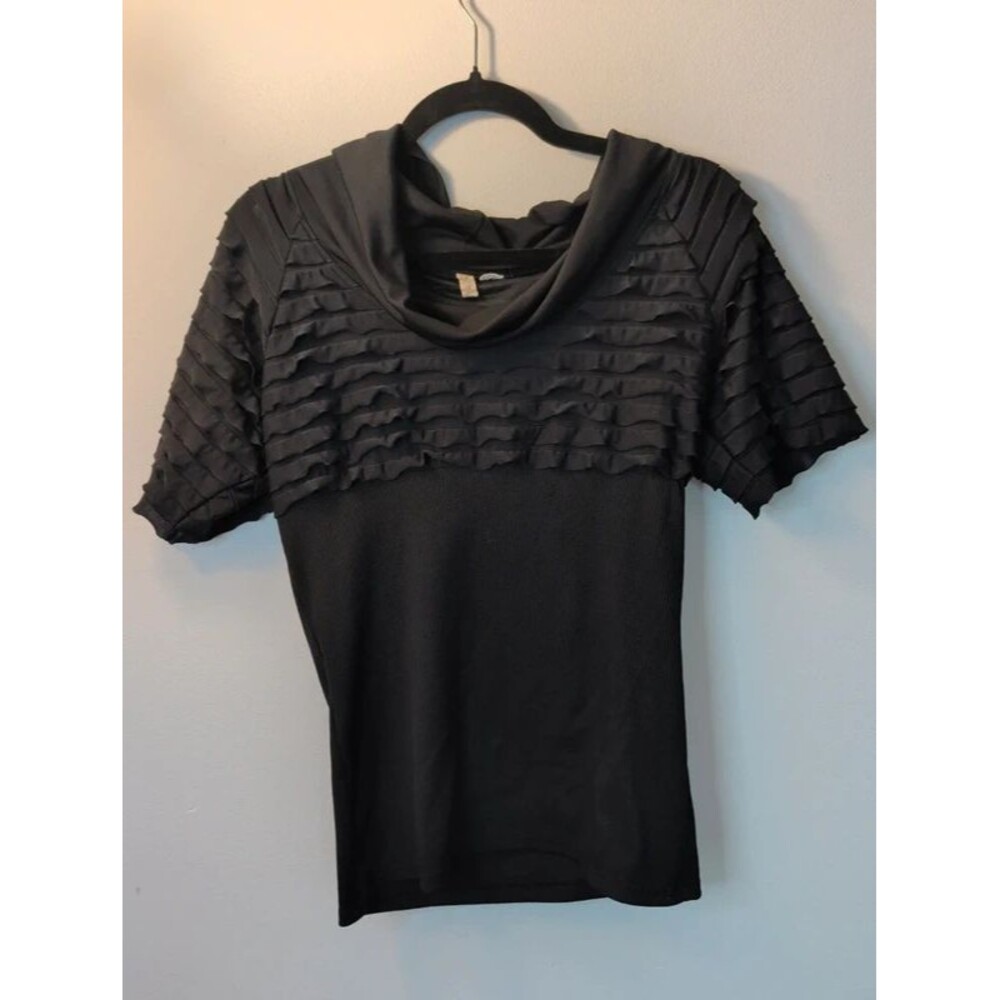 Tiara Black Cowl Neck Ruffled Blouse Short Sleeve Size M
